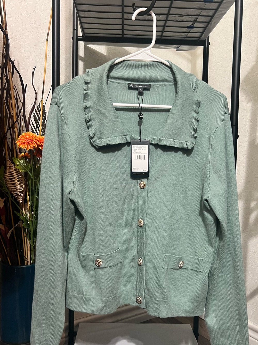 NWT Adrianna Papell Sage Green Ruffle Collar Cardigan